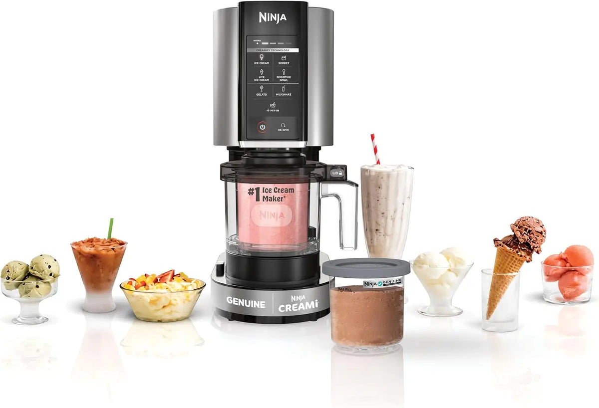 Silver Dreamy Dessert Maker appliance surrounded by fresh ice cream scoops, sorbet bowls, and milkshakes