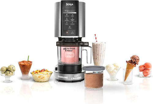 Silver Dreamy Dessert Maker appliance surrounded by fresh ice cream scoops, sorbet bowls, and milkshakes