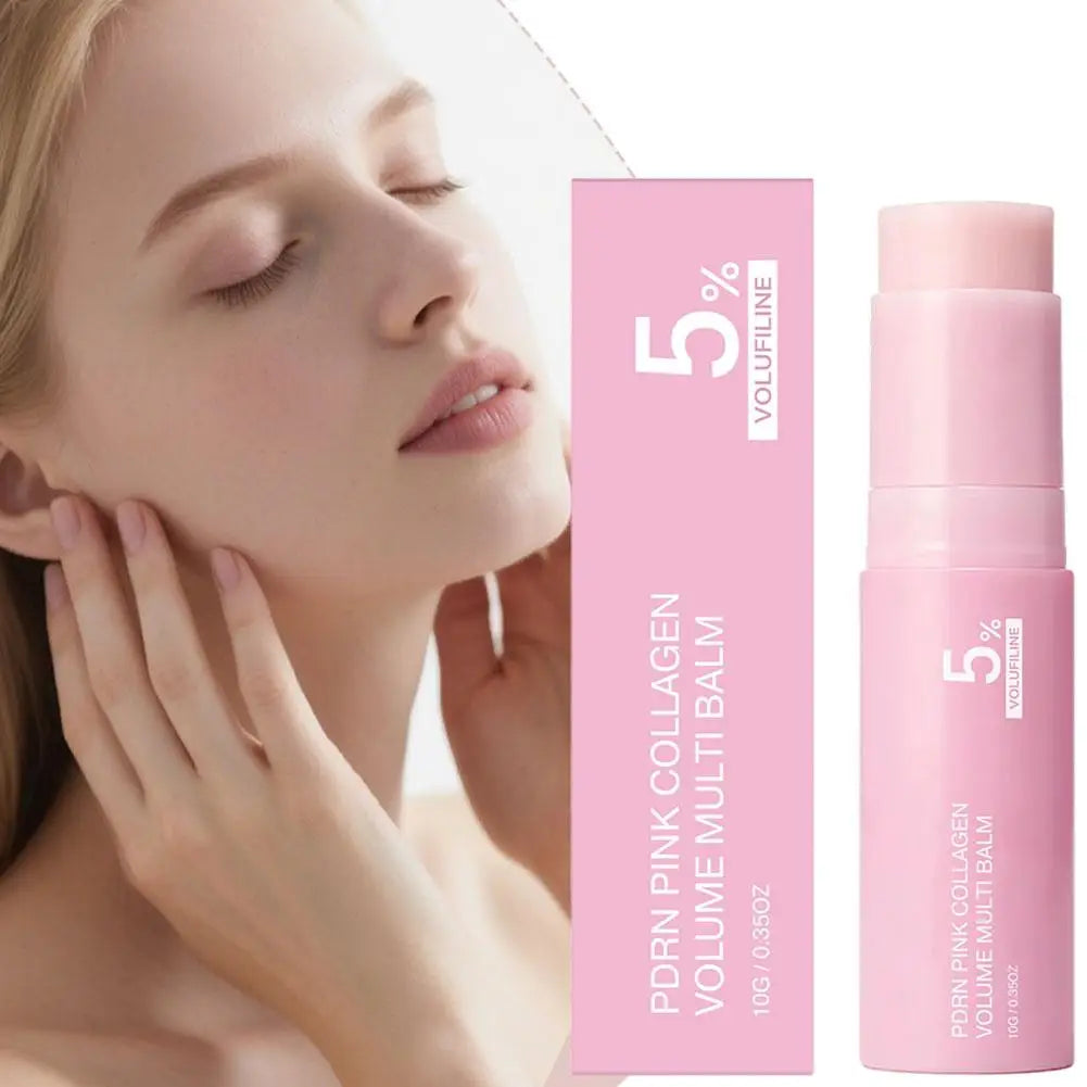 Pink Radiant Glow Beauty Balm collagen volume multi balm stick next to soft pink product box and model with radiant skin
